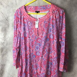 Talbots Pink and Purple Paisley-Print Tunic 3/4 Sleeve. XL